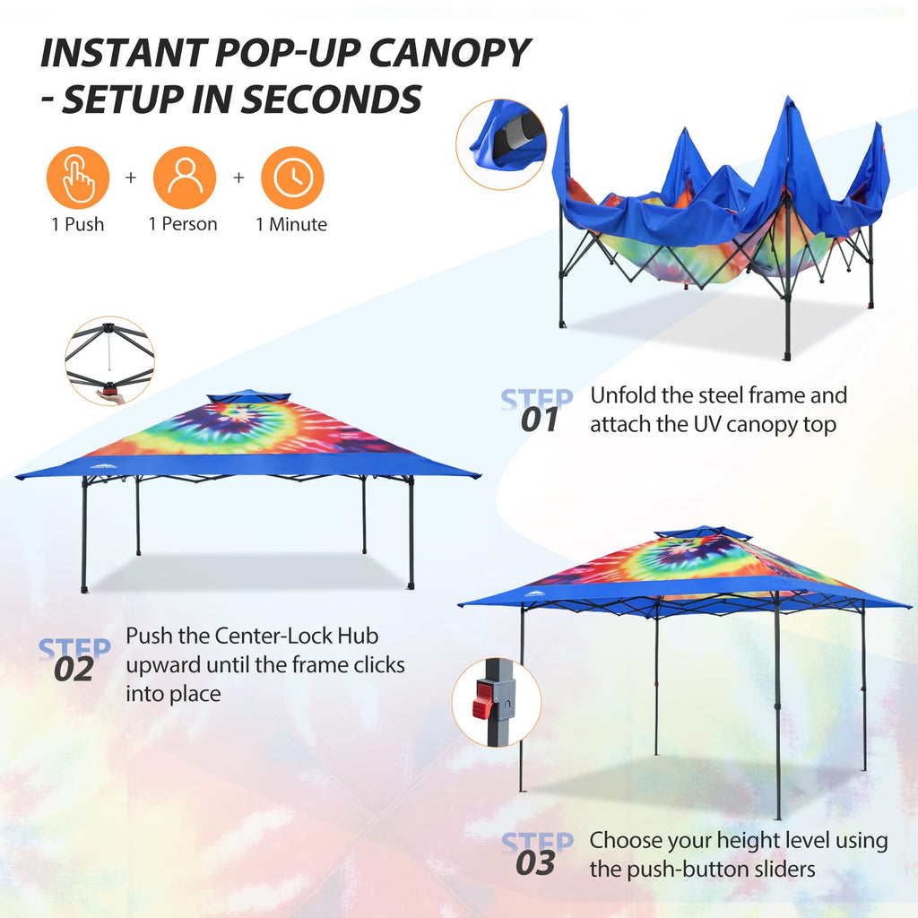 13x13 Pop Up Canopy Tent, Auto Extended Eaves, Cosmic Tie Dye