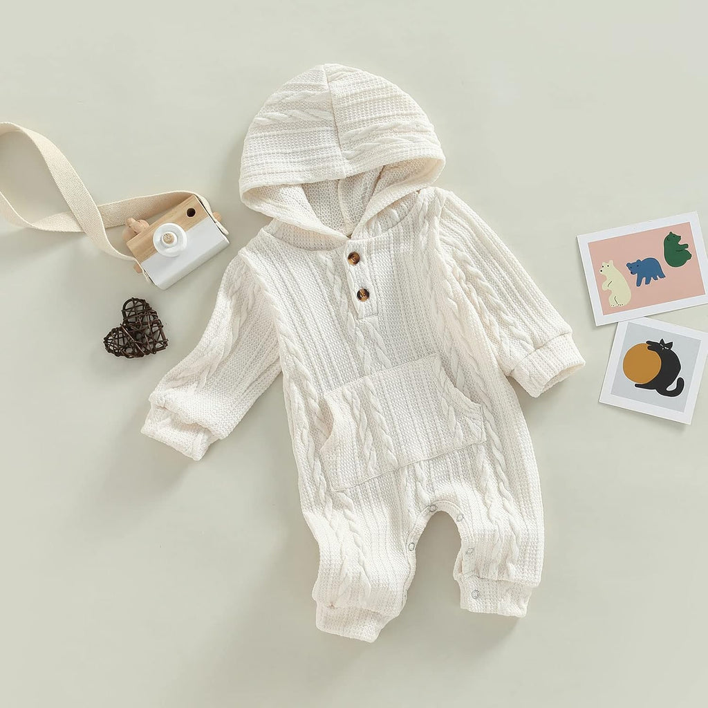 Infant Boys Girls Knit Sweater Romper Baby Toddlers Long Sleeve Hooded Button Up Winter Outfits with Pocket