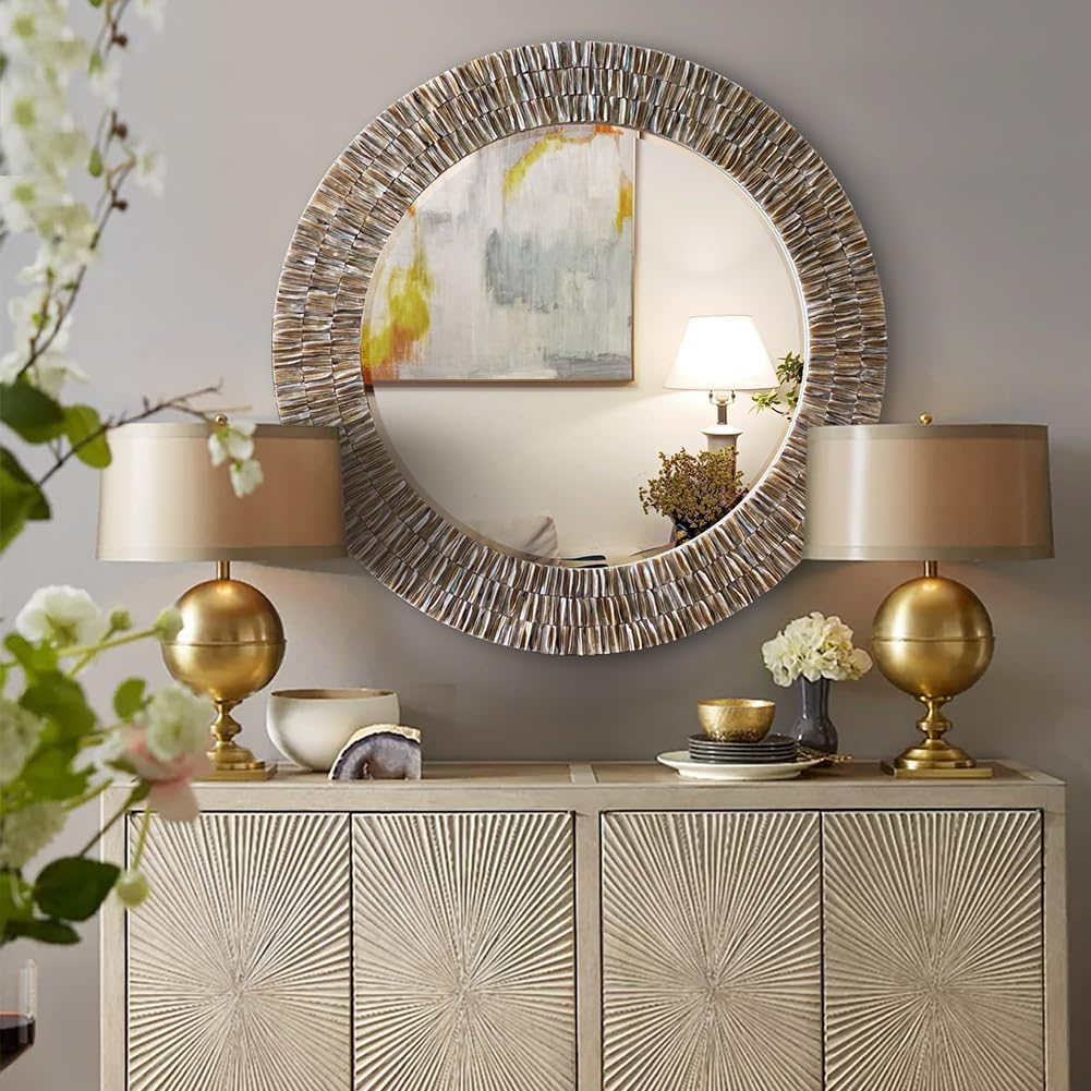 31.5" Round Capiz Shell Mirror Handmade Luxury Coastal Wall Decor