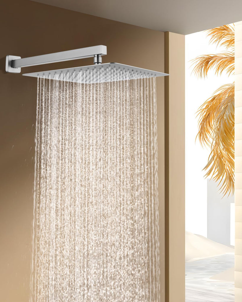 All Metal Rainfall Shower Head with Extension Arm Brushed Nickel, 12" Large Rain Square Showerhead with 16" Shower