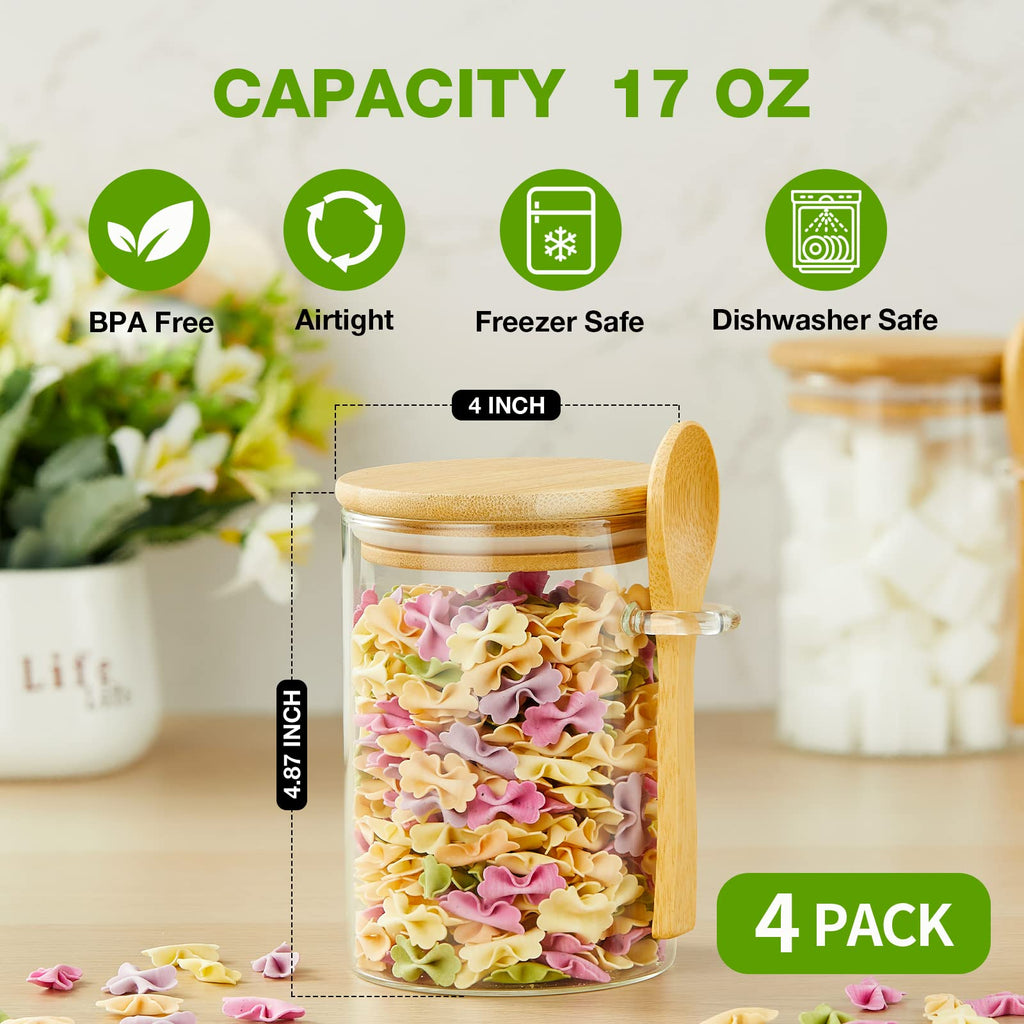 Set of 4 Airtight Glass Jars with Bamboo Lids & Spoons, 17 oz Borosilicate Overnight Oats Containers with Lids, Clear