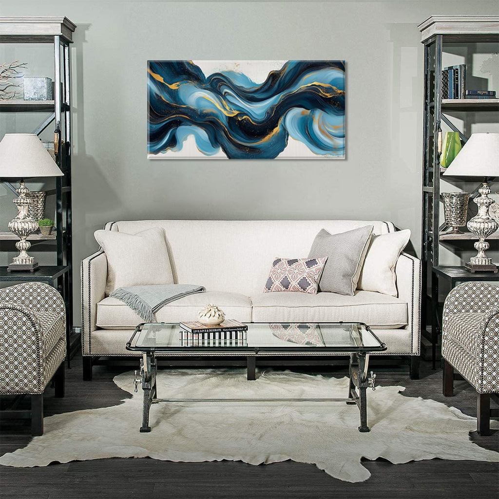 Abstract Blue and Gold Swirling Stripe Wall Art Office Contemporary Art Deco White Background Painting Prints Modern