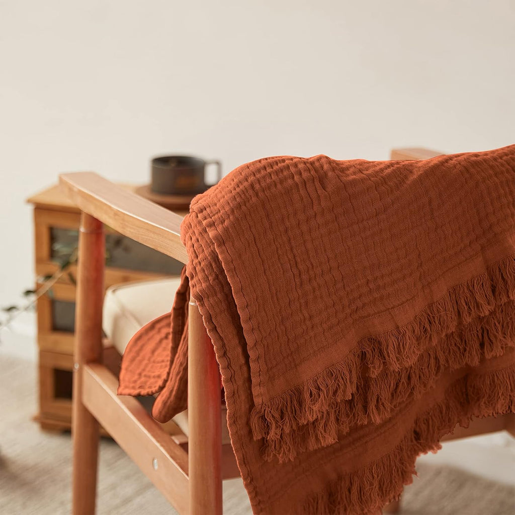 Cotton Muslin Throw Blanket, Knit Woven Gauze Blanket with Tassels, Soft Lightweight Cozy Pre-Washed Breathable