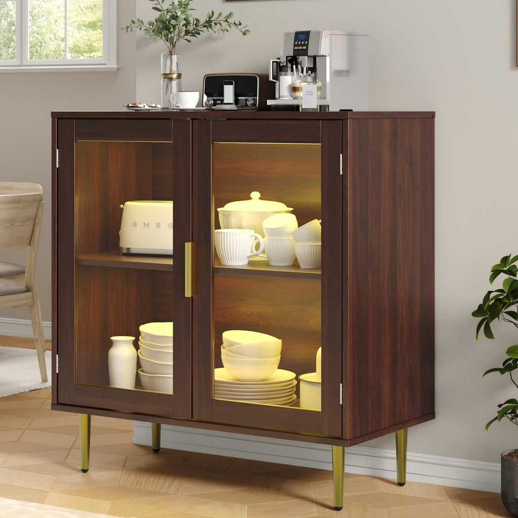 Buffet Cabinet with LED Lights & 2 Acrylic Doors, Walnut