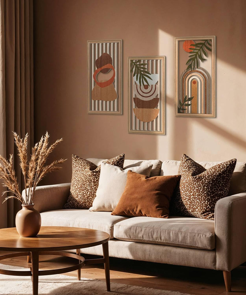 Boho Wall Art Set of 3, Modern Minimalist Wooden Wall Decor, Abstract Aesthetic Room Decorations, Mid-Century Modern
