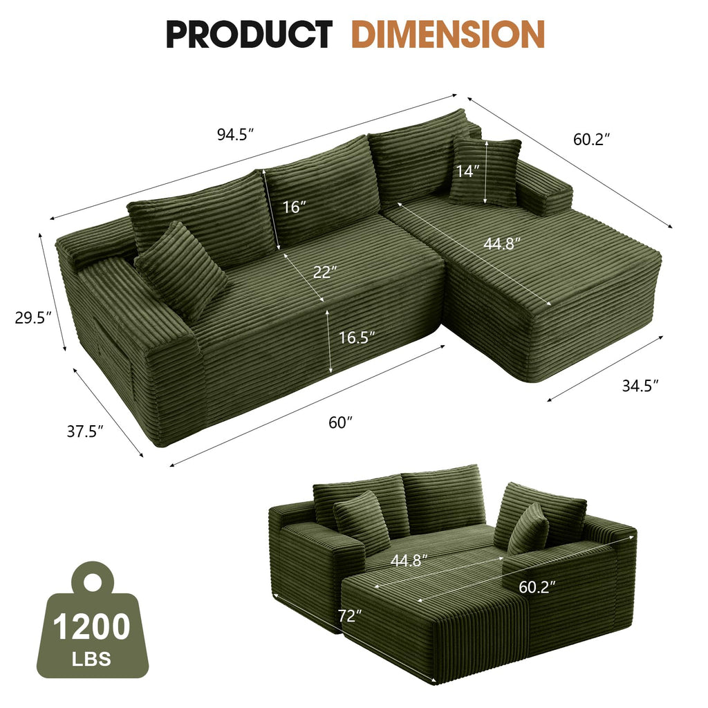 94.5" L-Shaped Minimalist Boneless Sofa (Green, Right)