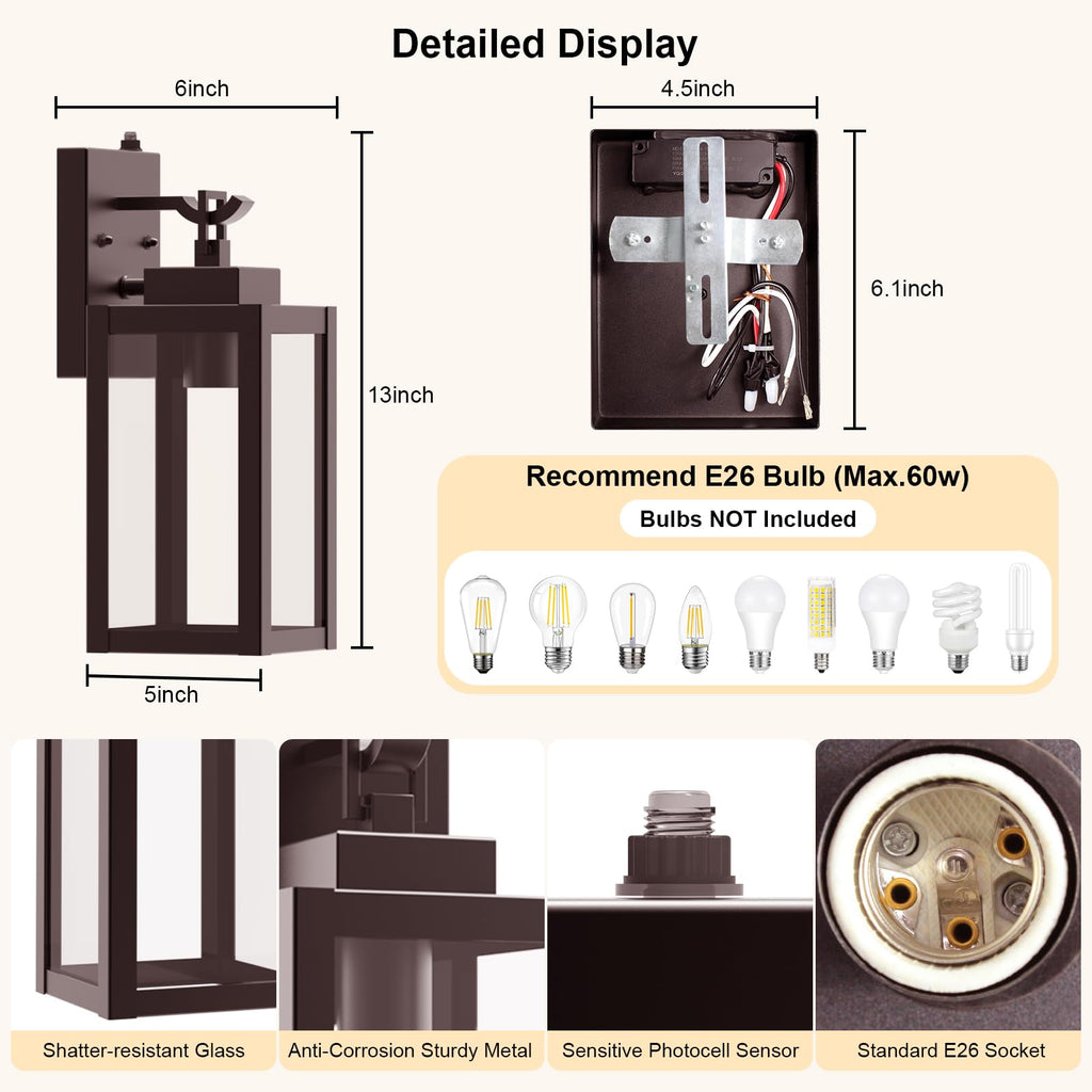 2-Pack Dusk to Dawn Porch Light Farmhouse Brown Outdoor Lights