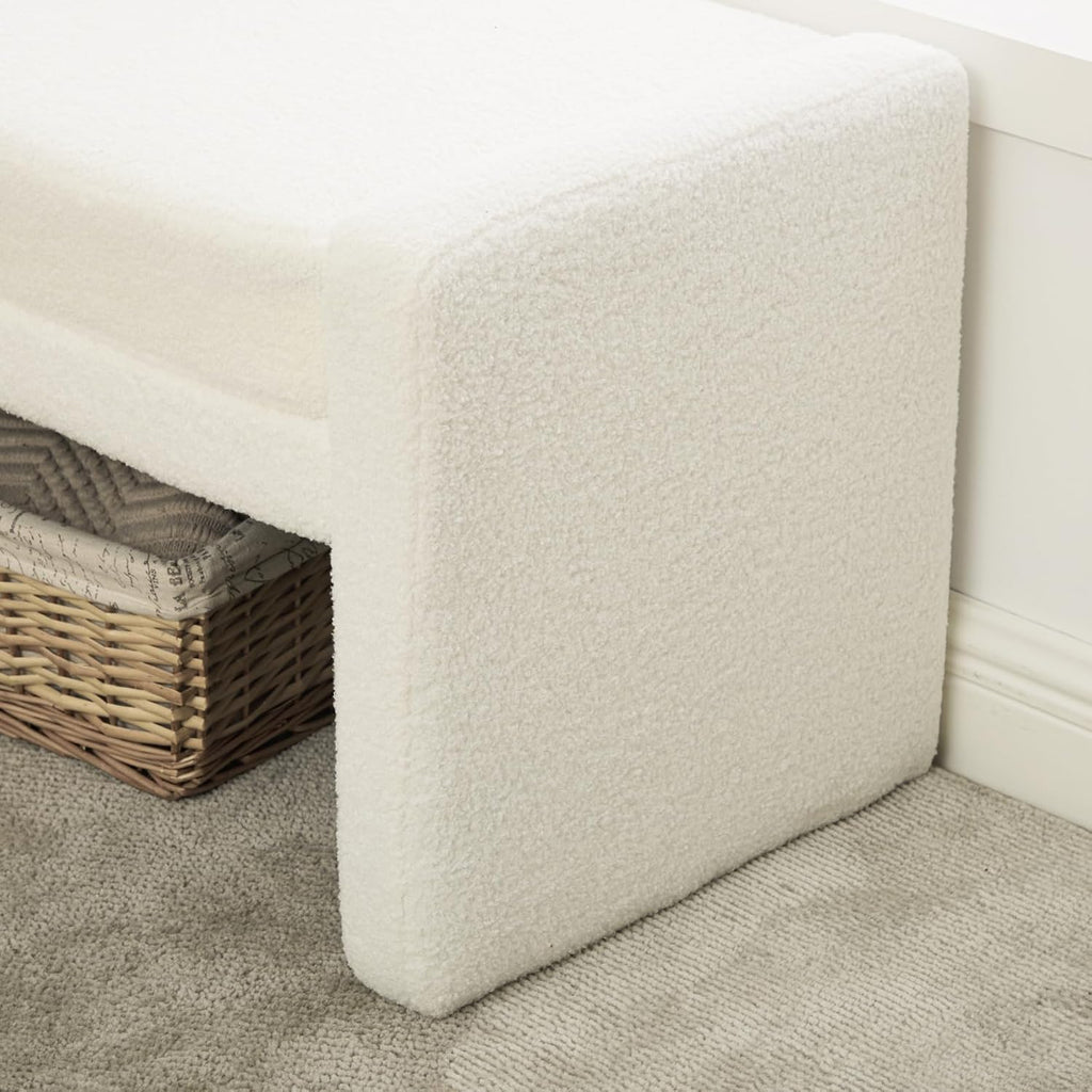 66.9" W Modern Boucle Shoe Bench King Size End of Bed Bench, Ivory. | Shoe Ottoman Upholstered King Size End of Bed