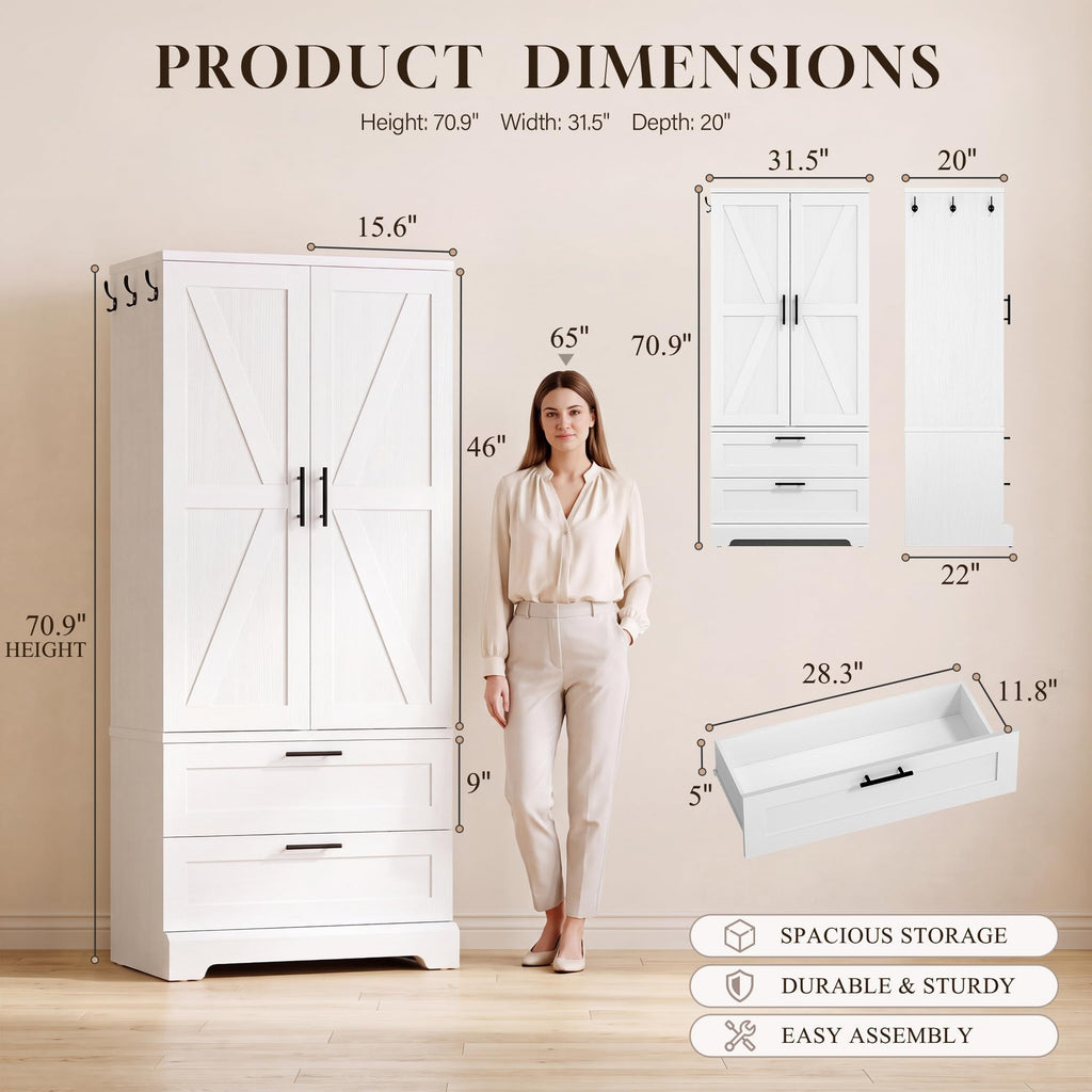 70.9" Wooden Armoire Wardrobe Closet with Sensor Light(White)