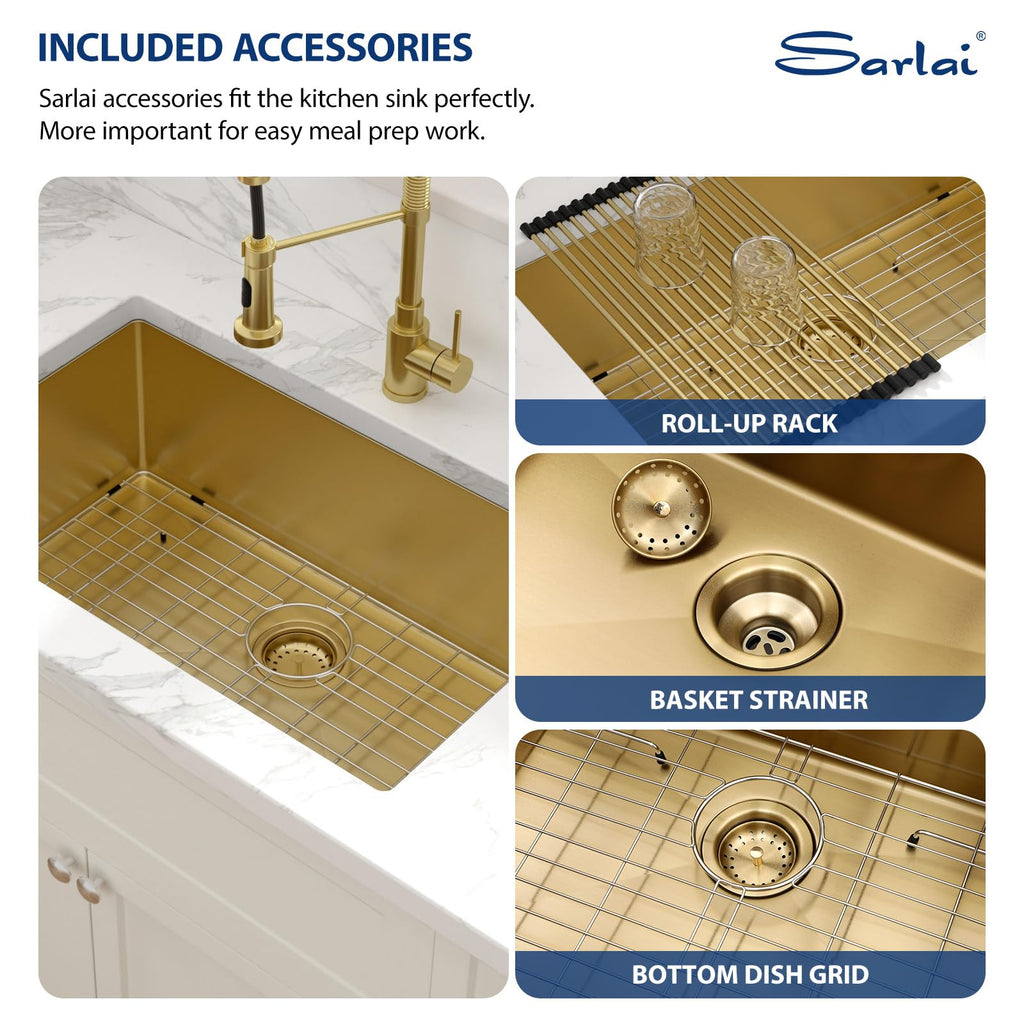 Gold Undermount Kitchen Sink - 28 Inch Kitchen Sink Undermount Gold Stainless Steel Single Bowl 28" x 19" Under-Mount