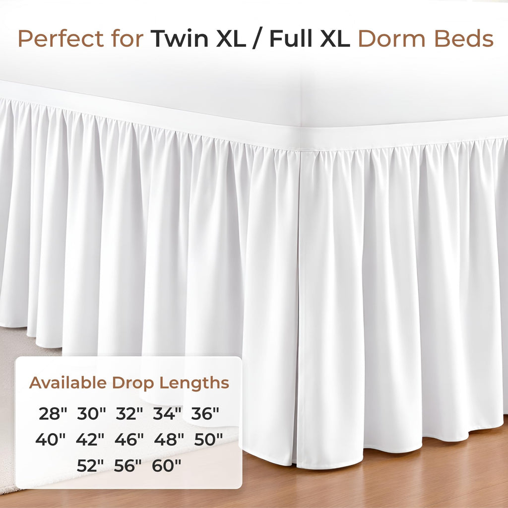 Dorm Bed Skirt Twin XL 30 Inch Drop Length - White, Ruffled Pattern College Dorm Room Dust Ruffle - Split Corner