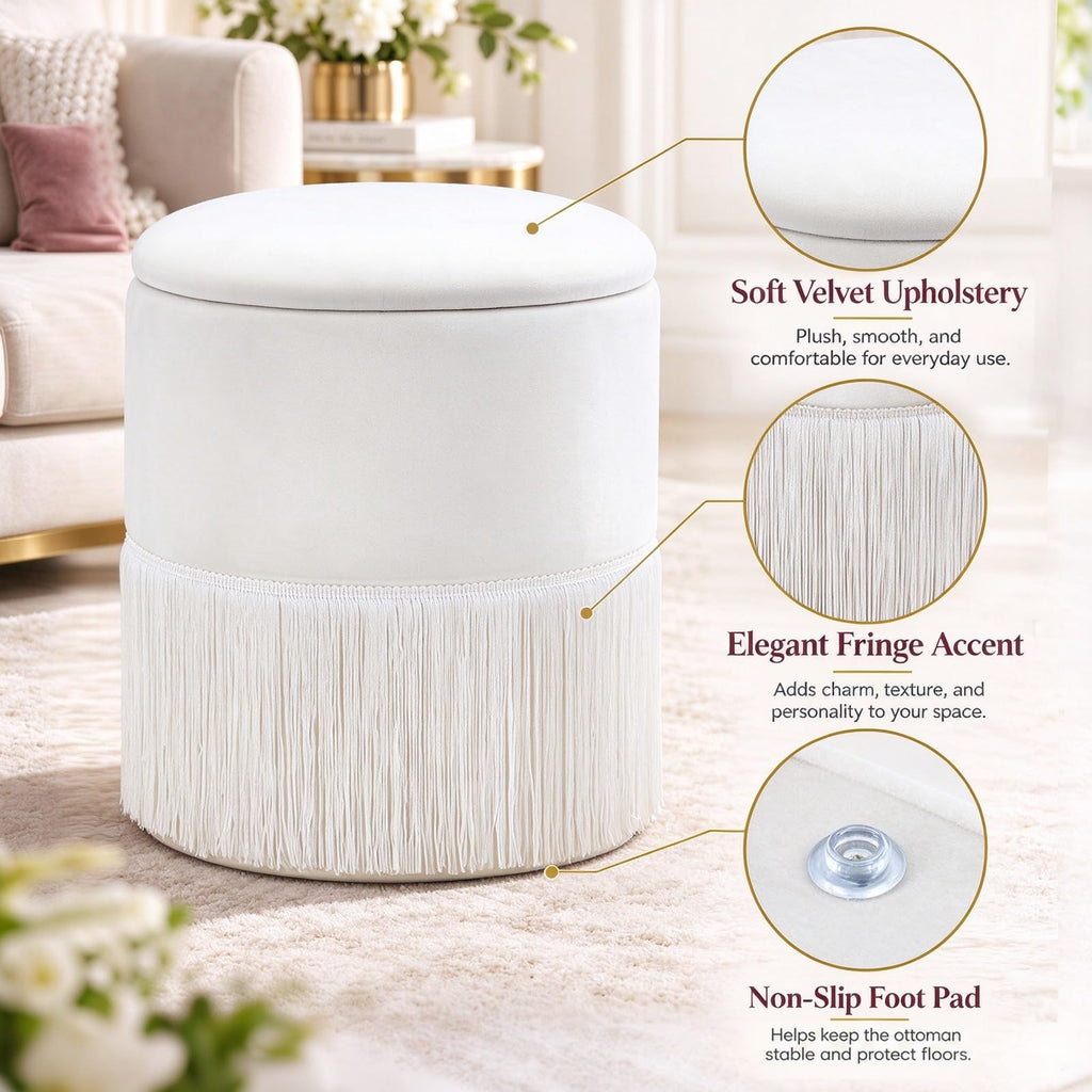 Round Storage Ottoman, Tassel Fringe Velvet Vanity Chair (White)