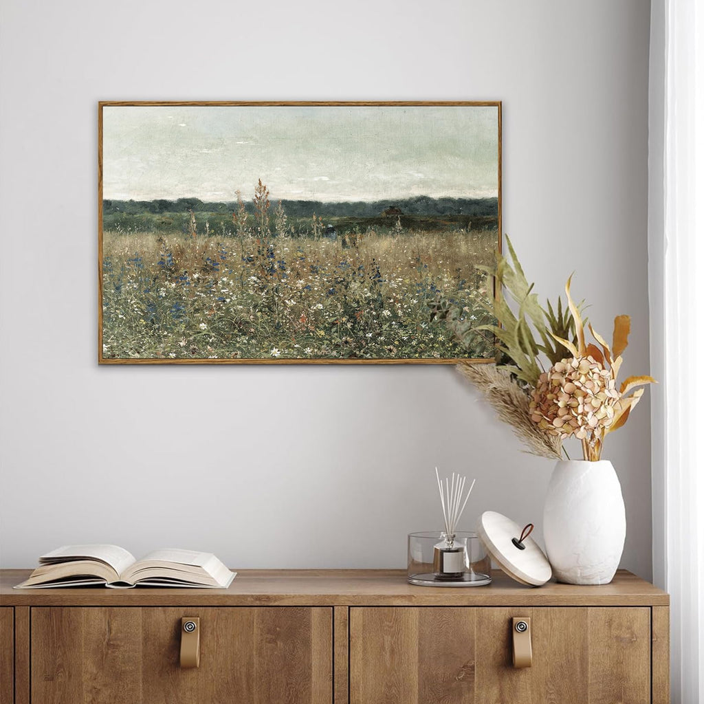 Framed Canvas Print Wall Art, Vintage Wall art Wildflower Field Vintage Print, Neutral Country Meadow Landscape