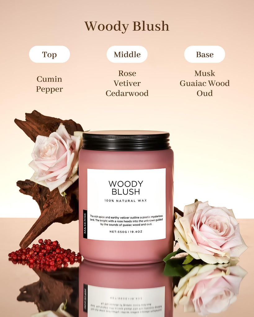 Large Rose Oud Scented Candles, 19.4oz Natural Soy Wax, 110-Hour