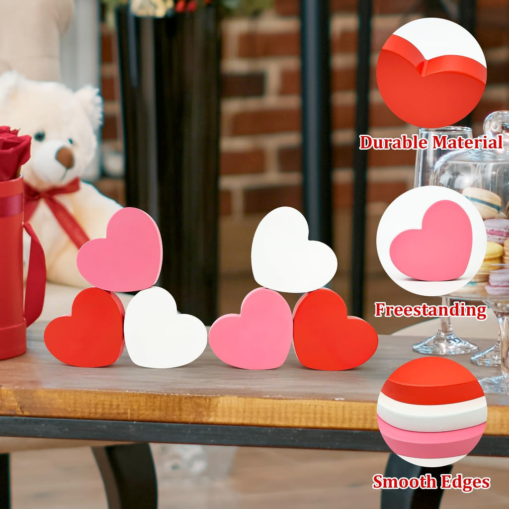 Valentines Day Hearts Decorations for the Home Table , Red Pink White Wooden Heart Shaped Signs for Tiered Tray - Set of 6