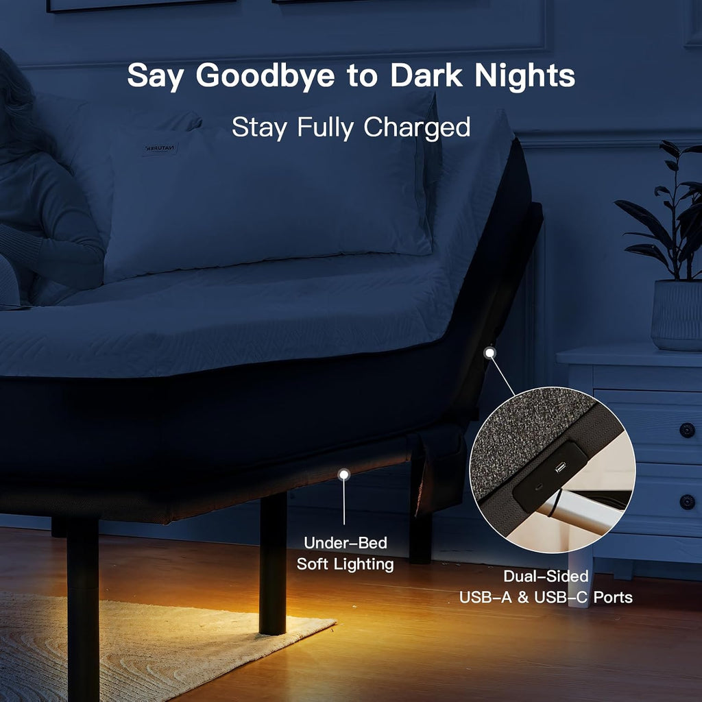 Split King Adjustable Bed Frame, Electric Bed Base with Head & Foot Incline, USB-A & USB-C Ports, LED Under-Bed