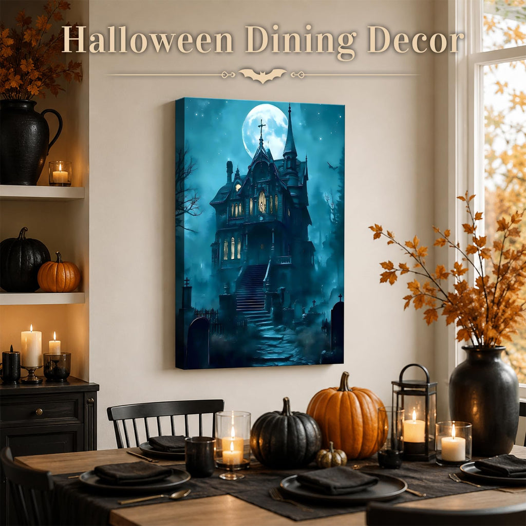 Framed Halloween Canvas Art Haunted Mansion in Foggy Forest Under Full Moon, Gothic Horror Landscape Artwork Canvas