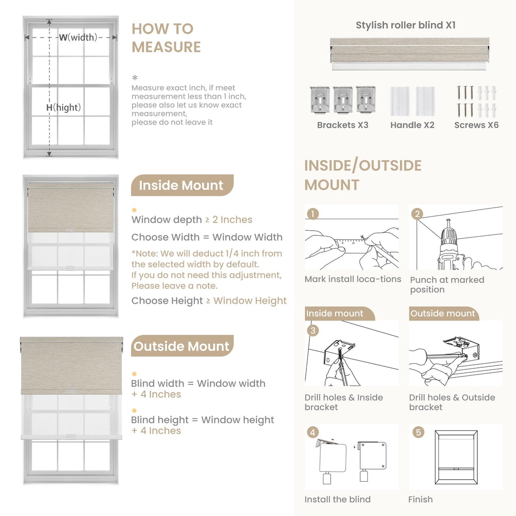 Cordless Dual Roller Shades, Linen Cream & White, Custom Size