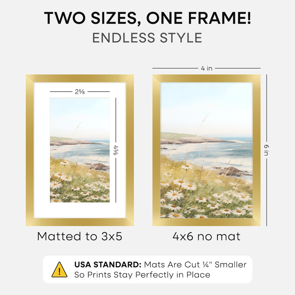 4x6 Gold Picture Frame, High-End Metal, 3x5 Mat, Glass