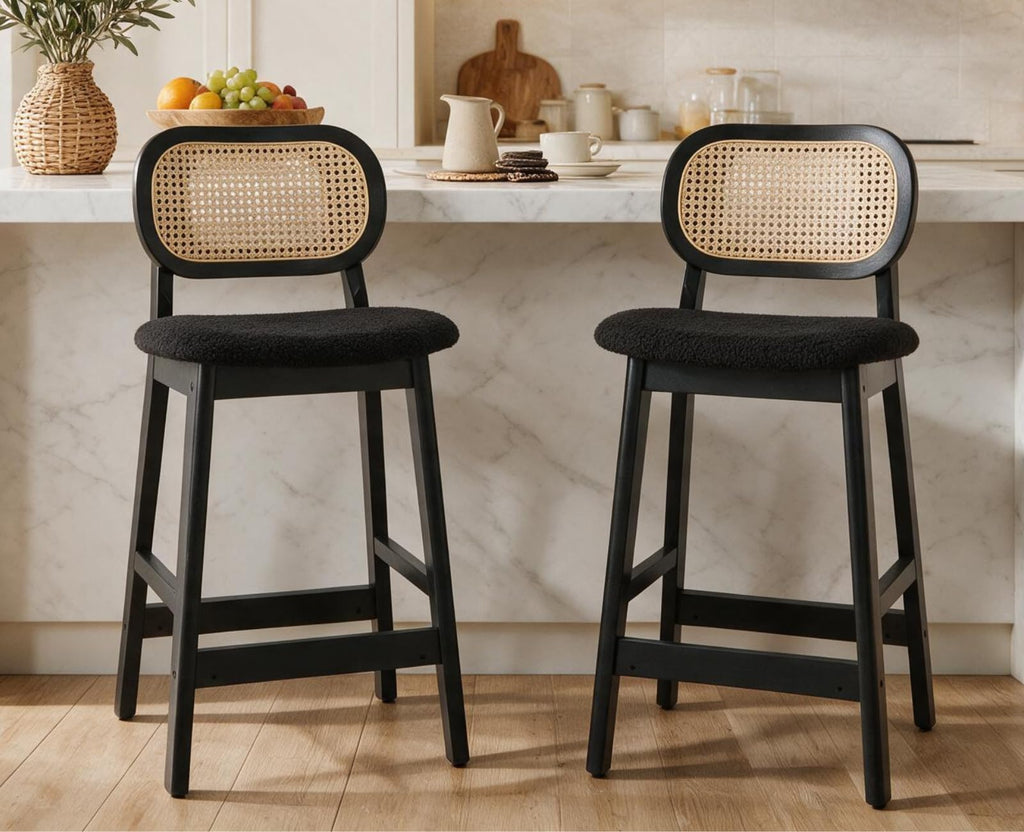Rattan Counter Height Bar Stools Set of 4 Upholstered Sherpa Barstools with Cane Back Boho Wood Farmhouse Kitchen