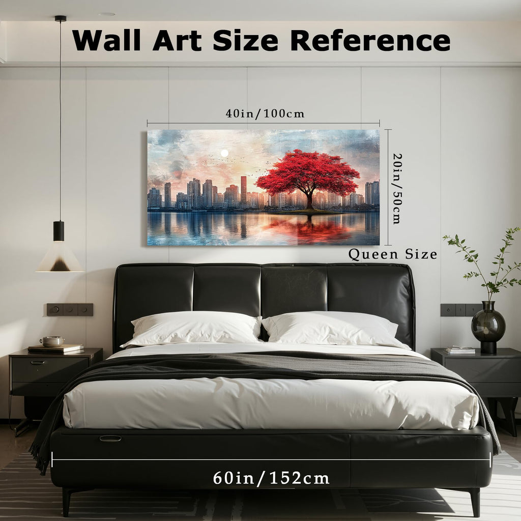 City Skyline Wall, Red Tree Landscape Large Painting 20x40in
