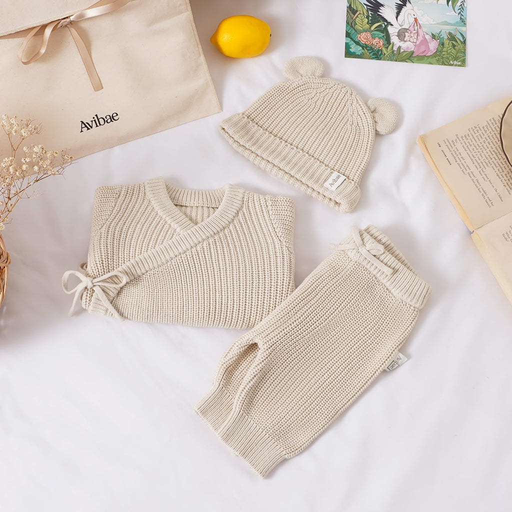 Baby Cotton Knit Set with Hat, Sweater and Pants, Coming Home Outfit (Light Camel, )