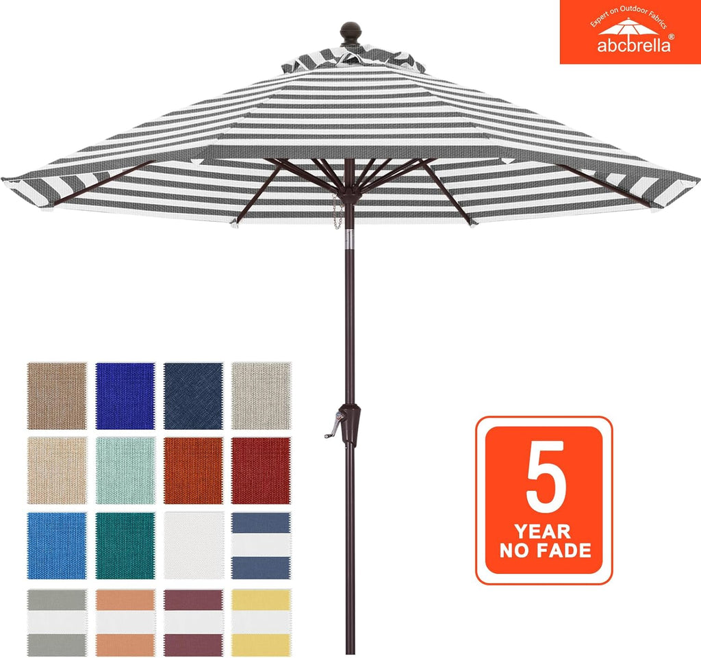 OLEFIN 5-Year No Fading 9FT Patio Umbrella, Outdoor Table Umbrella with 8 Sturdy Ribs (Gray Stripe)