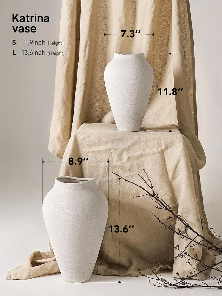 White Ceramic Vase - Large 13.6 Inch Tall Floor Vase for Centerpieces, Farmhouse Flower Vases, Rustic Minimalist Home
