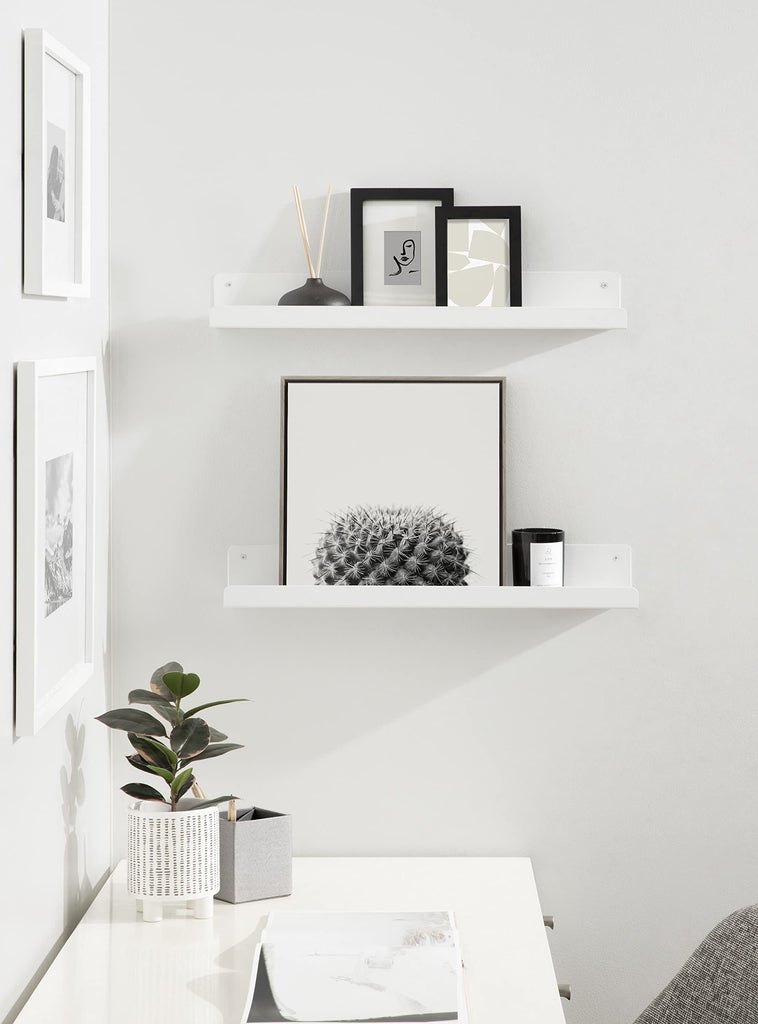 Mezzo Modern Metal Photo Display Ledge; Set of 2; 24; White; Decorative Contemporary Floating Narrow Photo Shelf Set