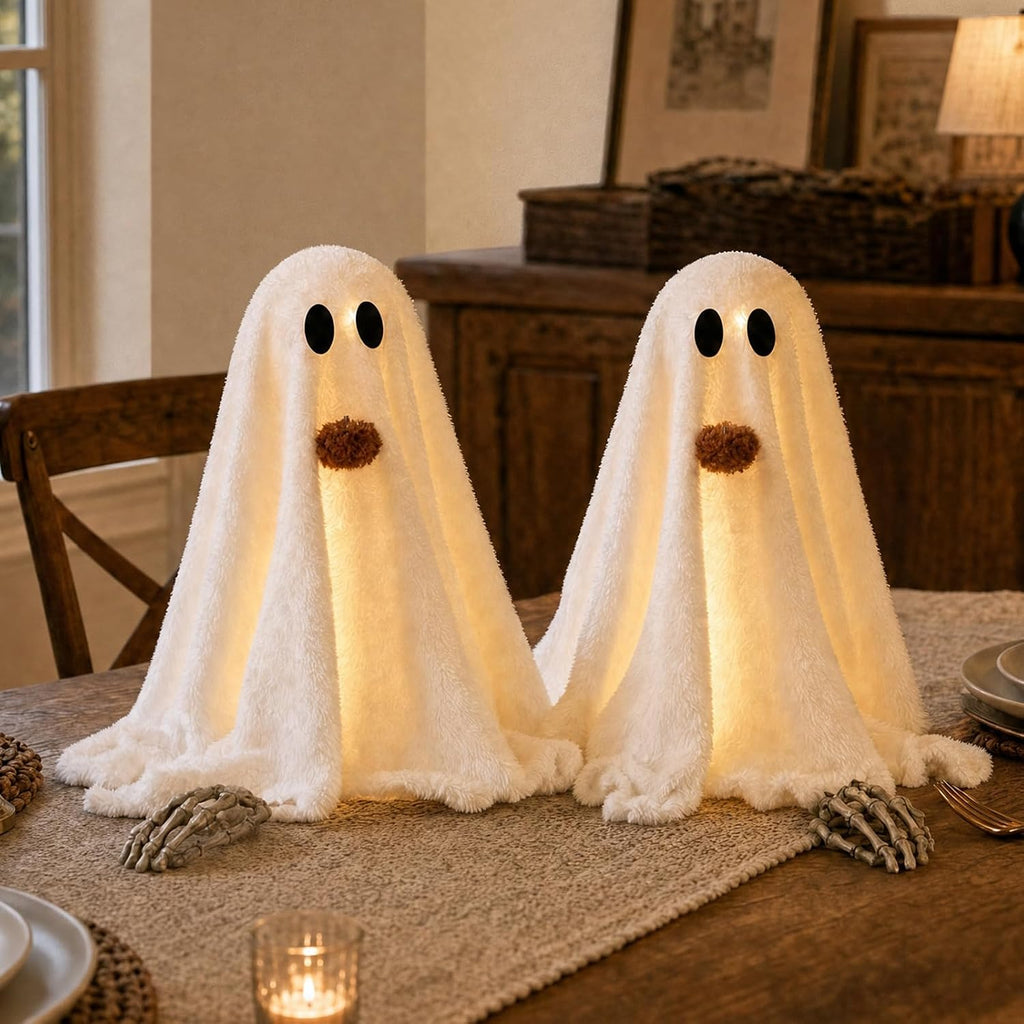 Halloween Decorations-2 Pack Light-Up Sherpa Ghosts with Pumpkin - Set of 2