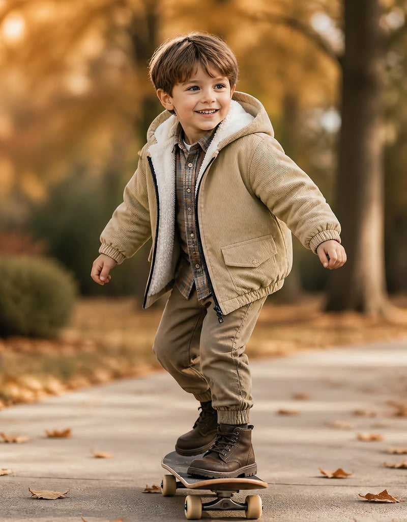 Boy Corduroy Jacket Hooded Zip-up Coat Winter Outwear