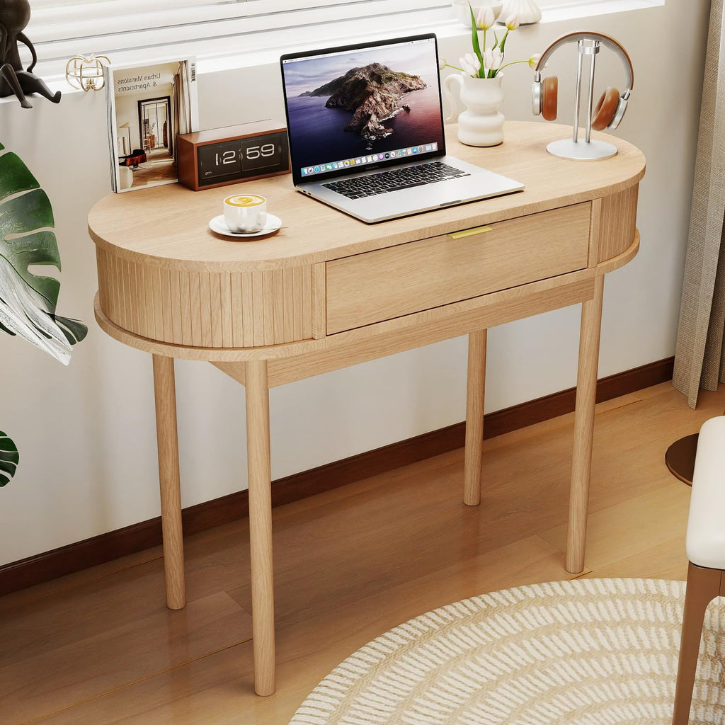 39 Inch Small Computer Desk with Drawer, Mid-Century Modern Writing Desk with Solid Wood Legs - Compact Home Office