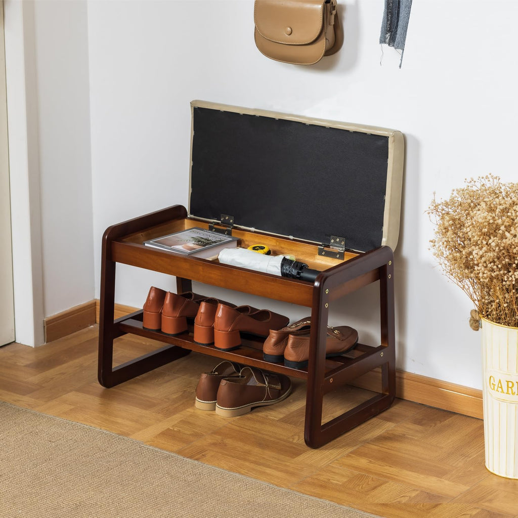 Shoe Bench with Storage - 2-Tier Entryway Bench, Solid Wood Shoe Rack with Cushion & Flip-Open Box, Mid-Century