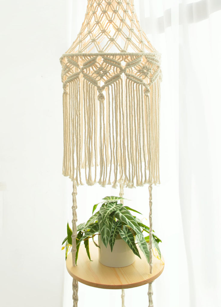 3-Tier Macrame Hanging Lamp Shelf, Boho Corner Pendant Light with Plug Cord