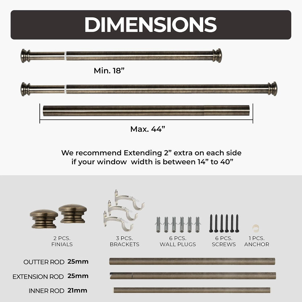 Curtain Rods for Windows, 1 Inch Heavy Duty Extendable Metal Drapery Rod, Adjustable Curtain Rod