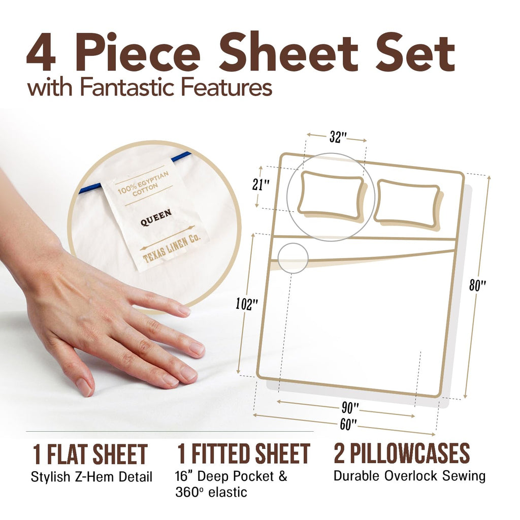 Egyptian Cotton Sheets - Everyday Bedding Cotton Sheet Set (4 PC, White), Soft & Durable, Cooling
