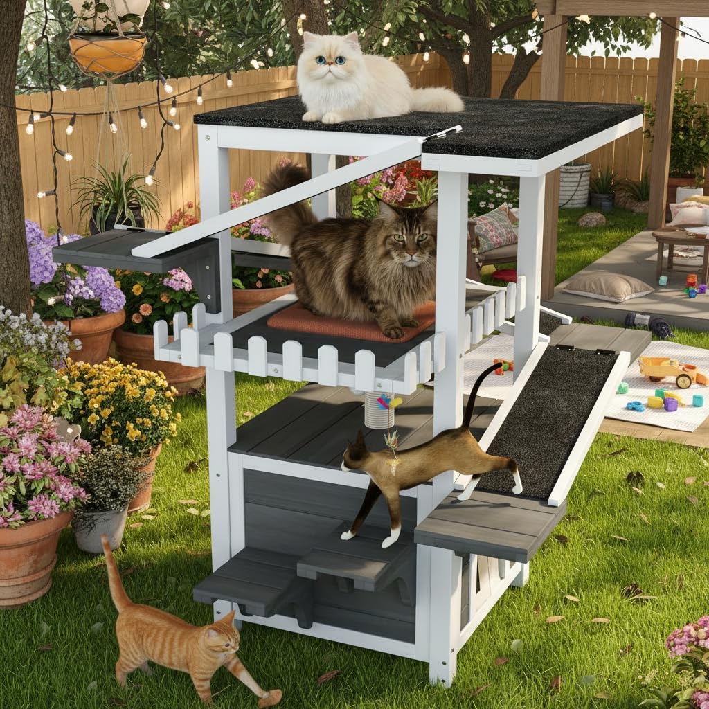 Outdoor Cat House with Roof, Wooden Cat Shelter for Feral Cat, 4 Tier