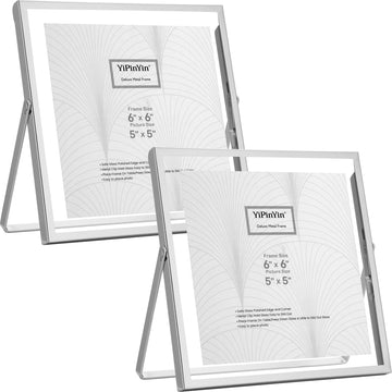 Silver 6x6''Floating Frame Set of 2, For Photo Sizes (5x5'' or 4x4''), Beautiful Metal Beaded Edge Frames Adjustable