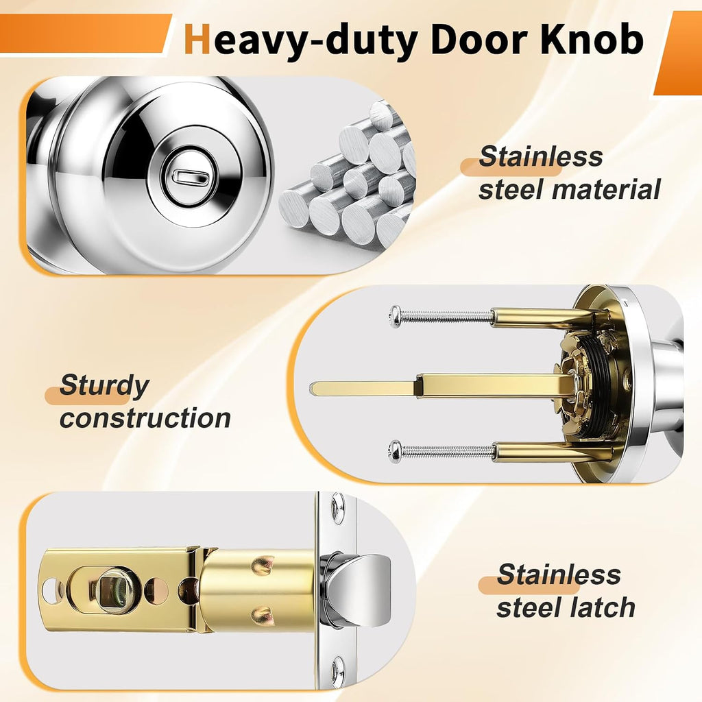 Polished Chrome Privacy Door Knobs, Interior Door Lock Bedroom, Keyless Round Ball Knob Handle, Thumb-Turn Locking, 5