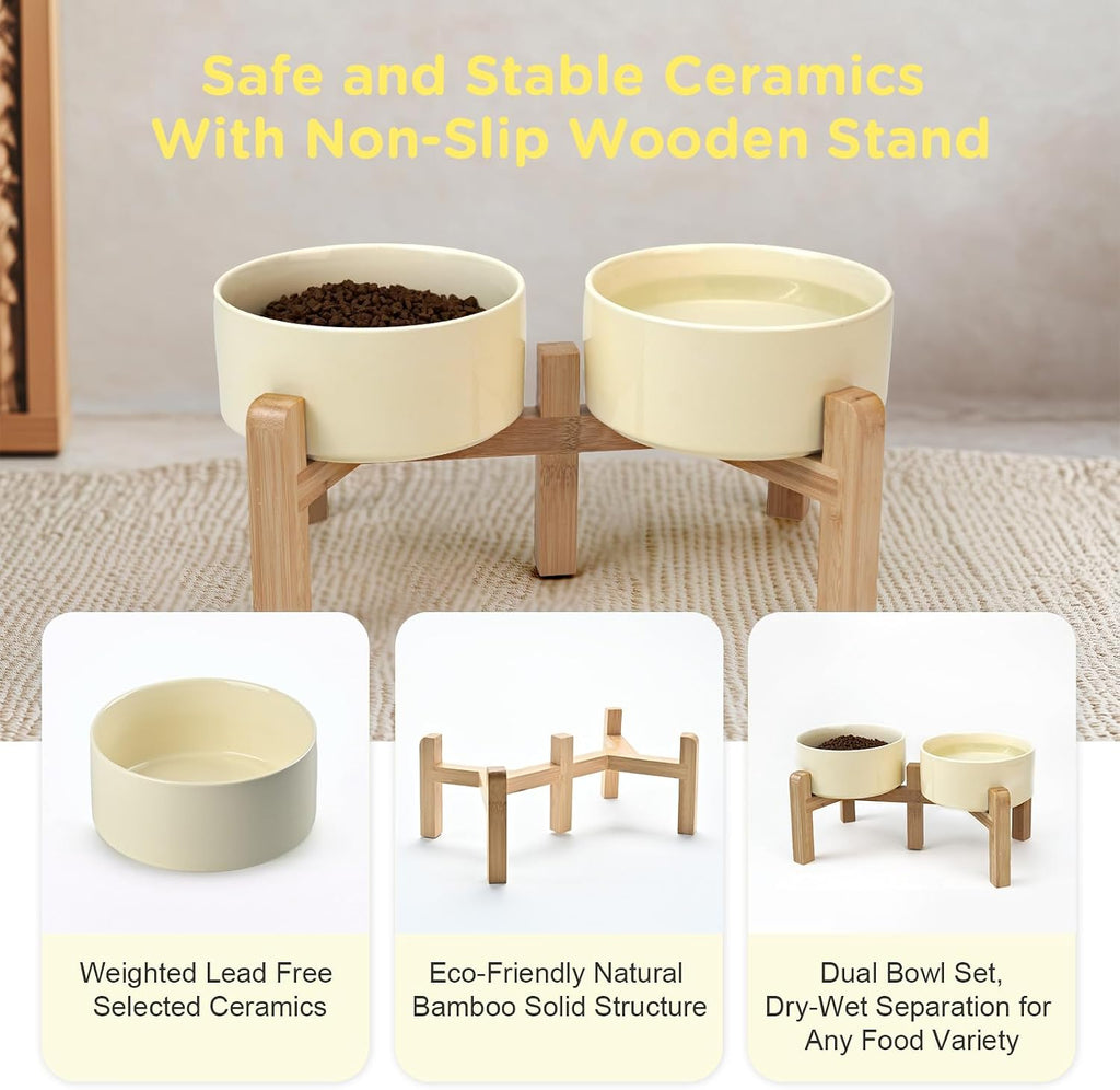 Elevated Dog Bowls Ceramic, 6.1'' Dogs and Cat Food Water Bowls Raised with Non-Slip Bamboo Stand for Medium Sized
