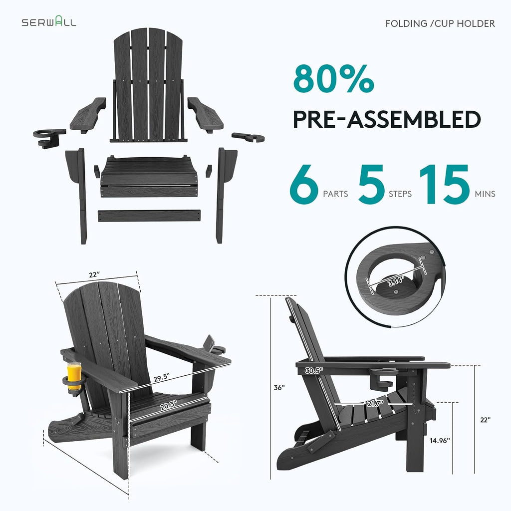 Outdoor Adirondack Chair Set of 2 with Cup Holders,Grey | HDPE Composite,Waterproof,Wood Grain,Cup & Phone