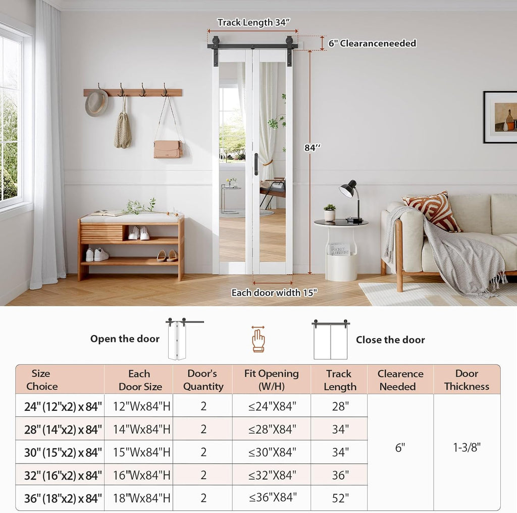 Bifold Barn Doors Double 15x84 with Mirror for Closet,White,Hardware Included