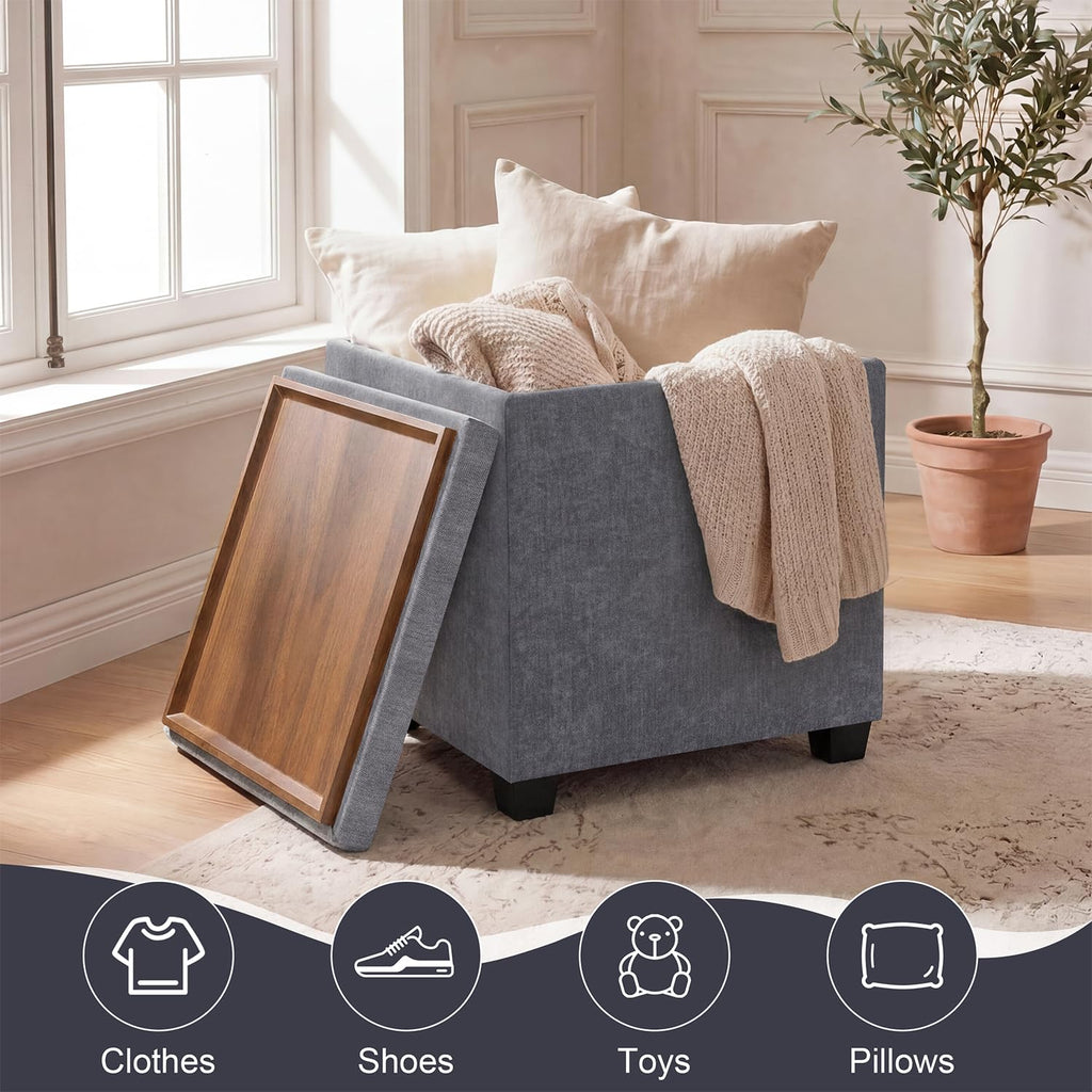 15 inch Square Storage Ottoman with Tray Lid, Modern Tufted Fabric Cube Coffee Table with Storage, Upholstered Ottoman