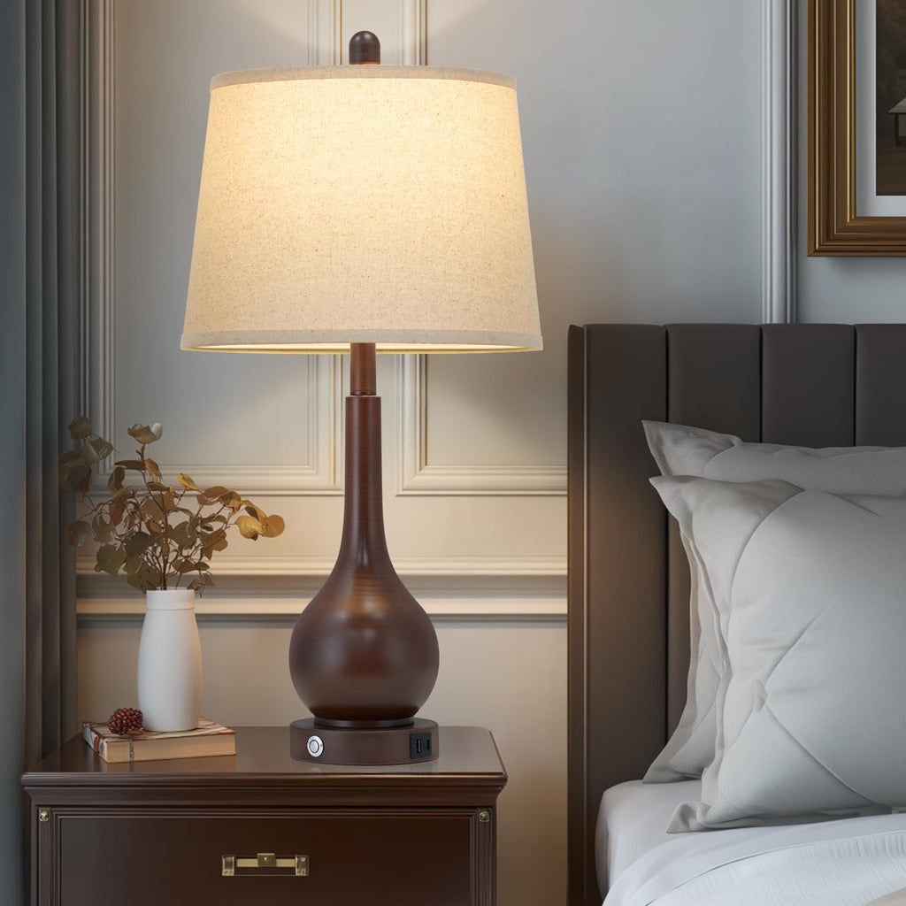 26" Brown Table Lamps Set of 2, Touch Control Bedside Lamps Nightstand, 3-Way Dimmable Farmhouse Lamp with Charging