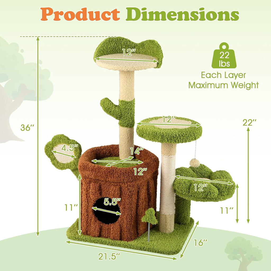 Cute Cat Tree Green Forest, 36 Inch Aesthetic Cat Tower with Sisal Scratching Posts & Board, Trunk Condo, Flower