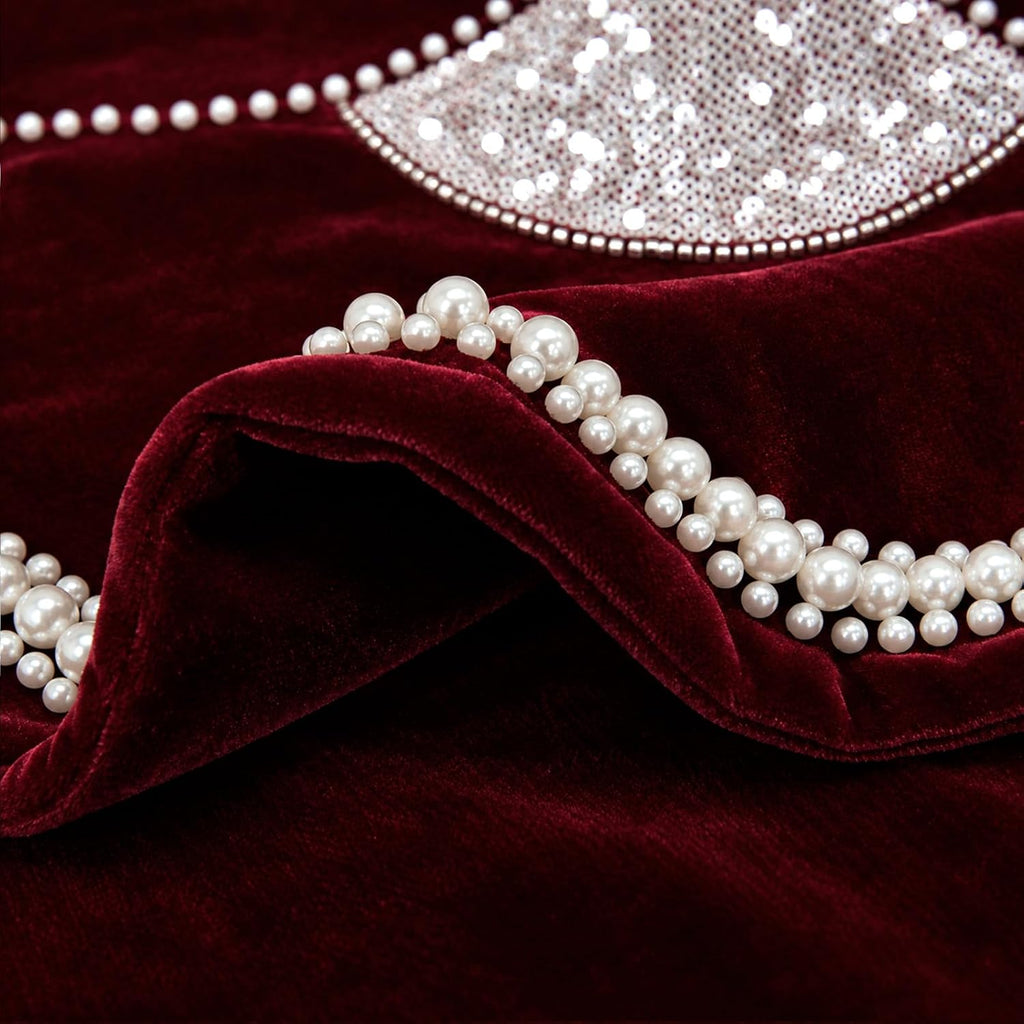 72 Inch Burgundy Velvet Christmas Tree Skirt, Luxury Sequin & Pearl Trim