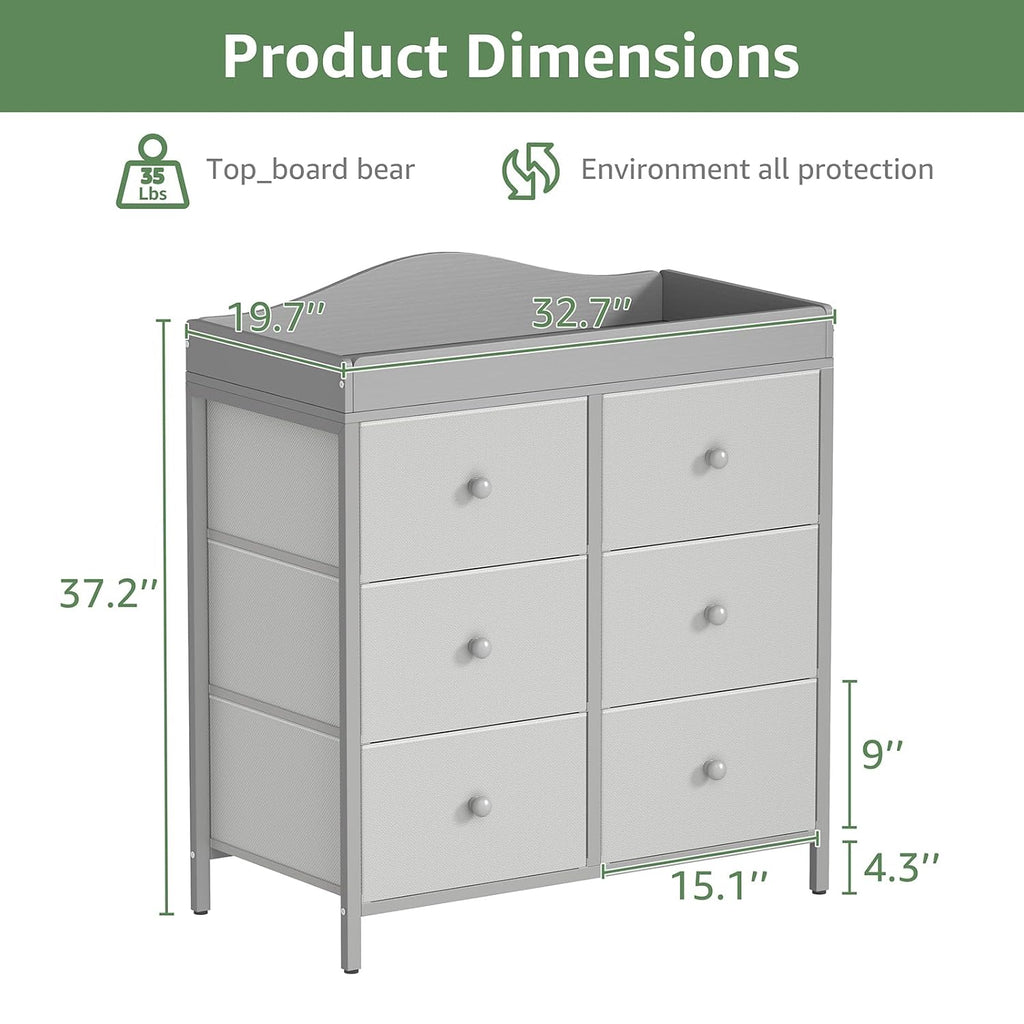 Changing Table Dresser with 6 Fabric Drawers, Baby Dresser with Changing Table Top Diaper Changing Station with