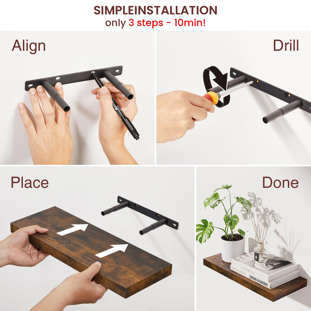 Rustic Brown Floating Shelves 15.7in, Set of 4, Wall Mount Wood Shelf