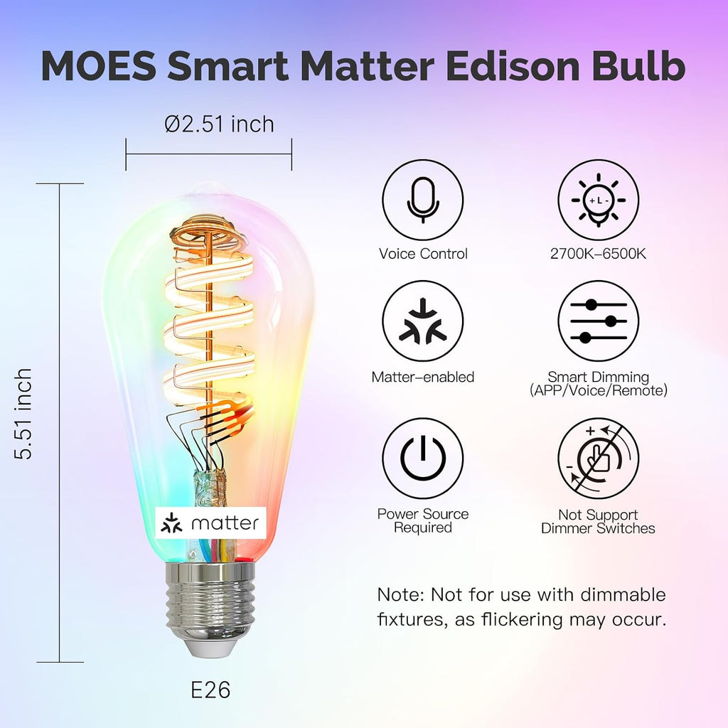 Matter WiFi ST64 Edison Smart Bulbs, Color Changing Light Bulb, 16 Million RGB Colors & Tunable White, Works with
