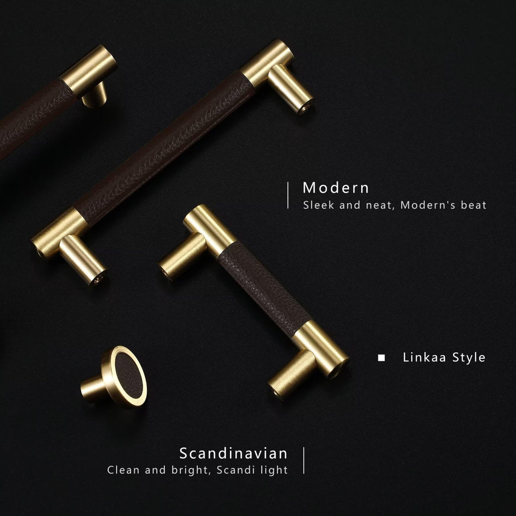 Brown Leather and Gold Cabinet Handles Pulls Knob 5''(128mm),15 Pack